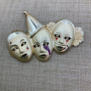 AJC Vintage Triple Clowns Jester Circus Gold Tone Brooch Pin